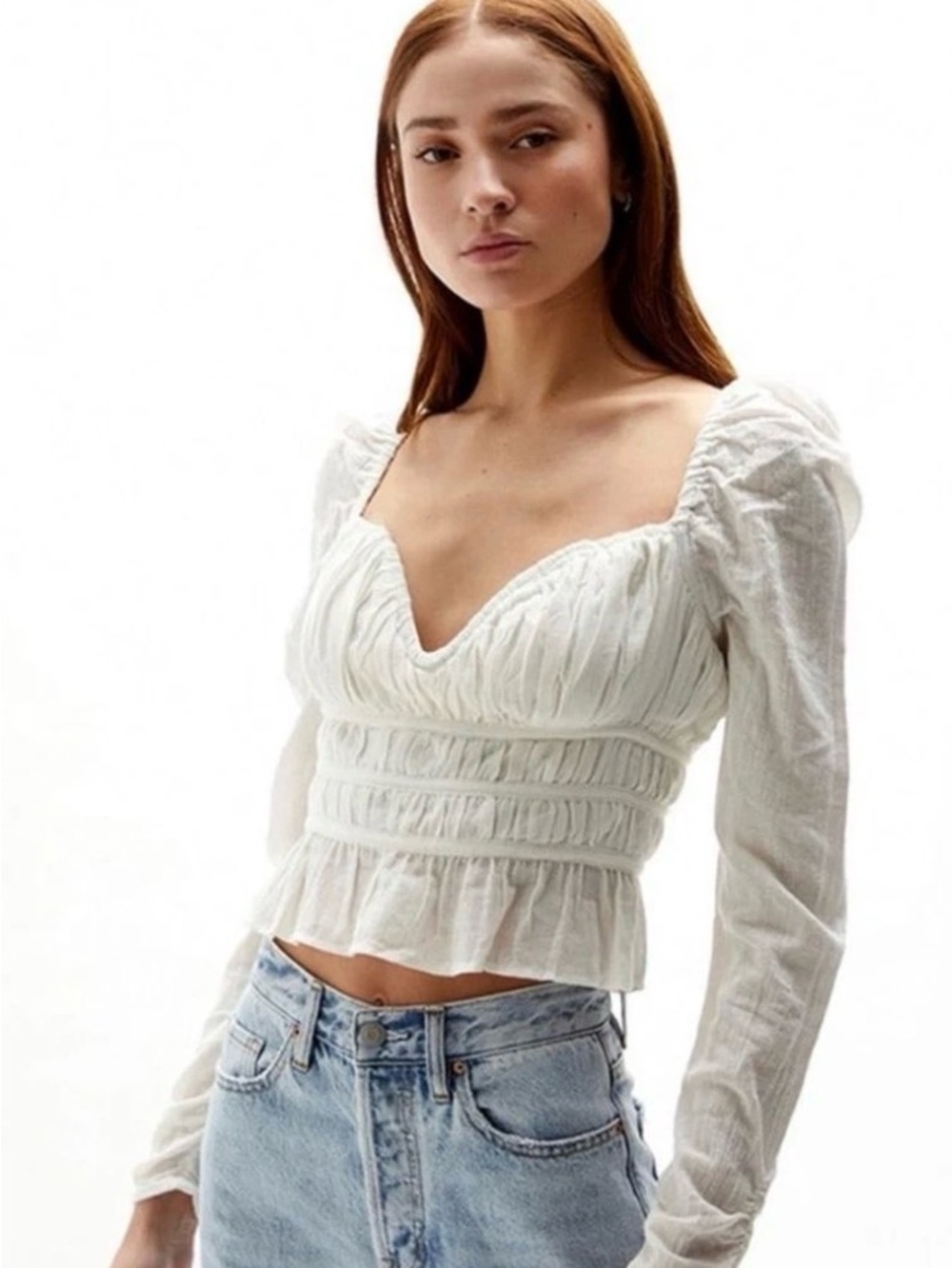 Free People White Ruched Peplum Square-Neck Blouse